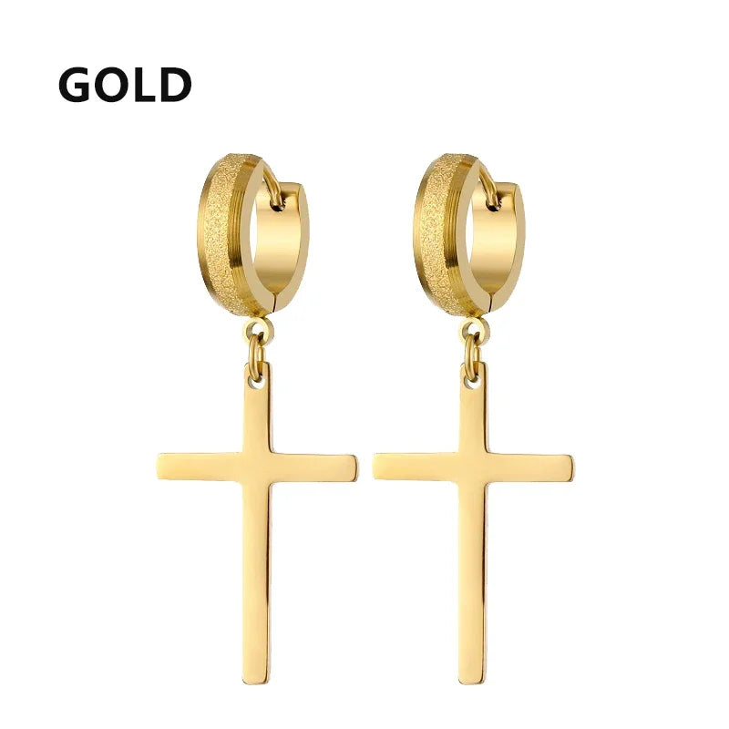 2pc Stainless Steel Men Cross Stars Punk Dangle Earrings Gothic Woman Cross Ear Hoop E close-up view
