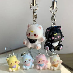 3D Cartoon Resin Cat Keychain Phone Chain Student Bag Charm Pendant Anti Lost Phone Lanyard Strap Wo