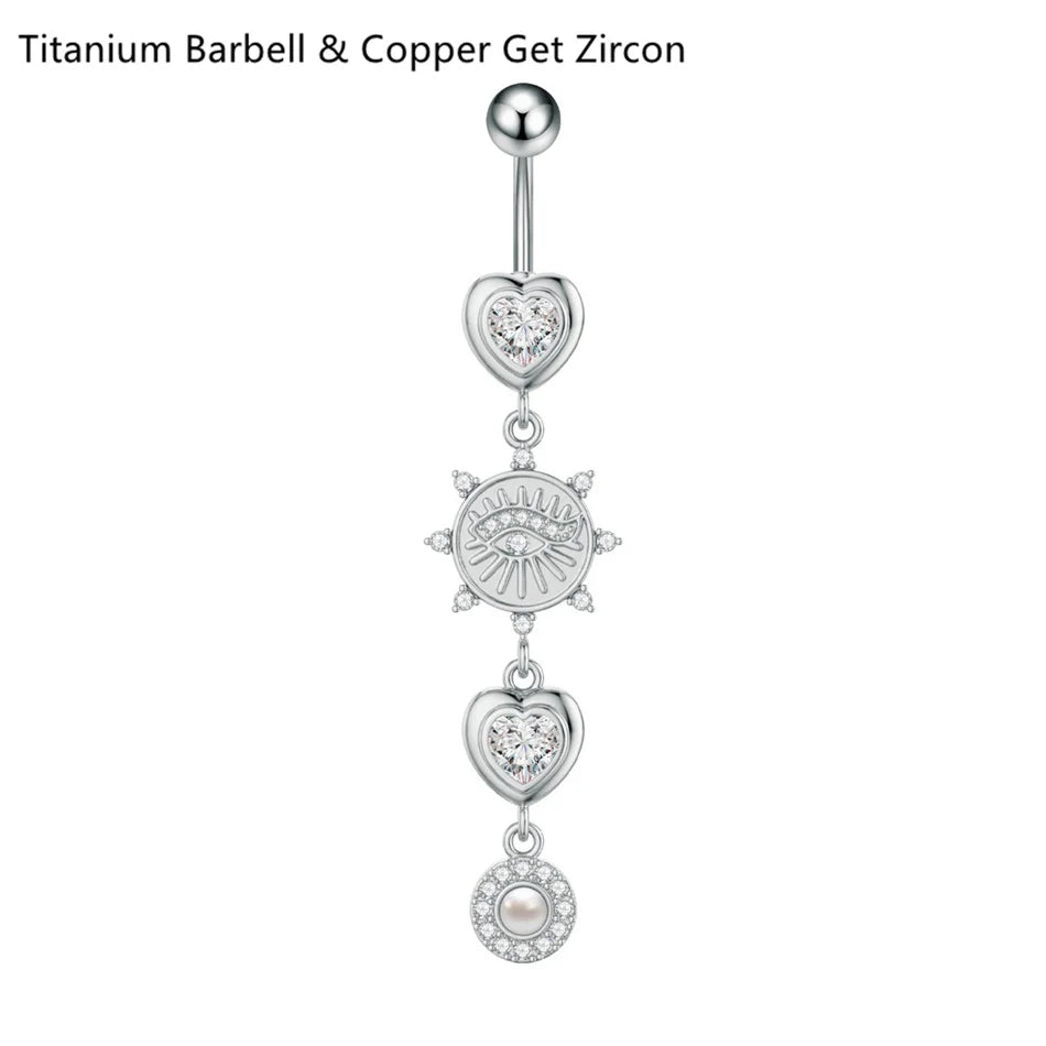 14G Crystal Heart Butterfly Dangle Belly Button Rings CZ Zircon Drop Navel Barbell Bel close-up view