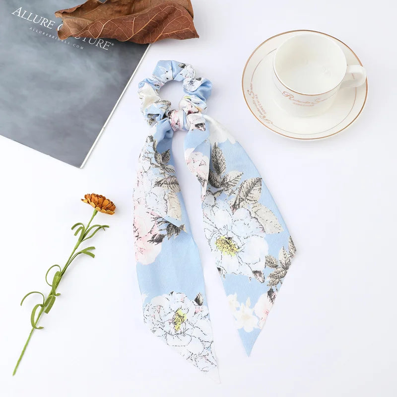 Fashion Flower Print Bow Satin Long Ribbon Ponytail Scarf Tie Scrunchies Women Girls alternate view
