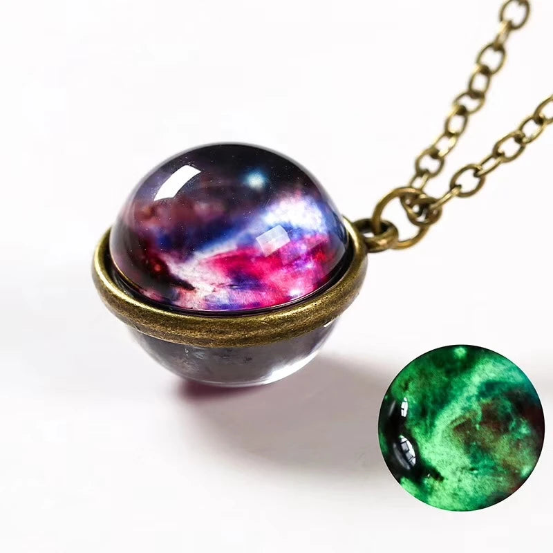 Universe Planet Earth Glass Luminous Double-Sided Retro Pendant Necklace For Women Me lifestyle view