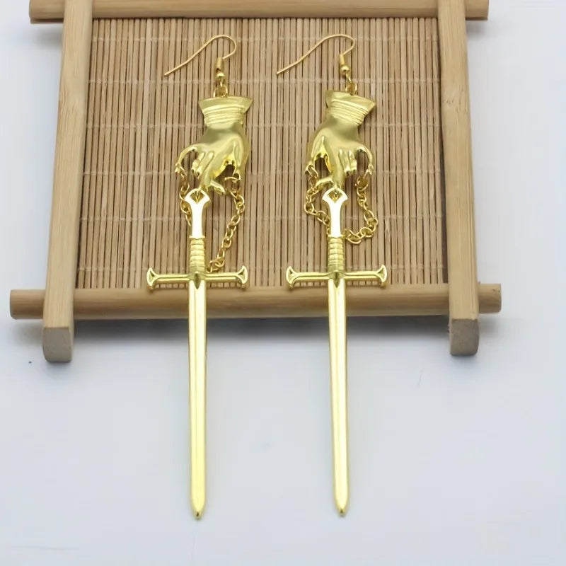 Sword Earrings for Women | Gothic Punk Drop Earrings close-up view