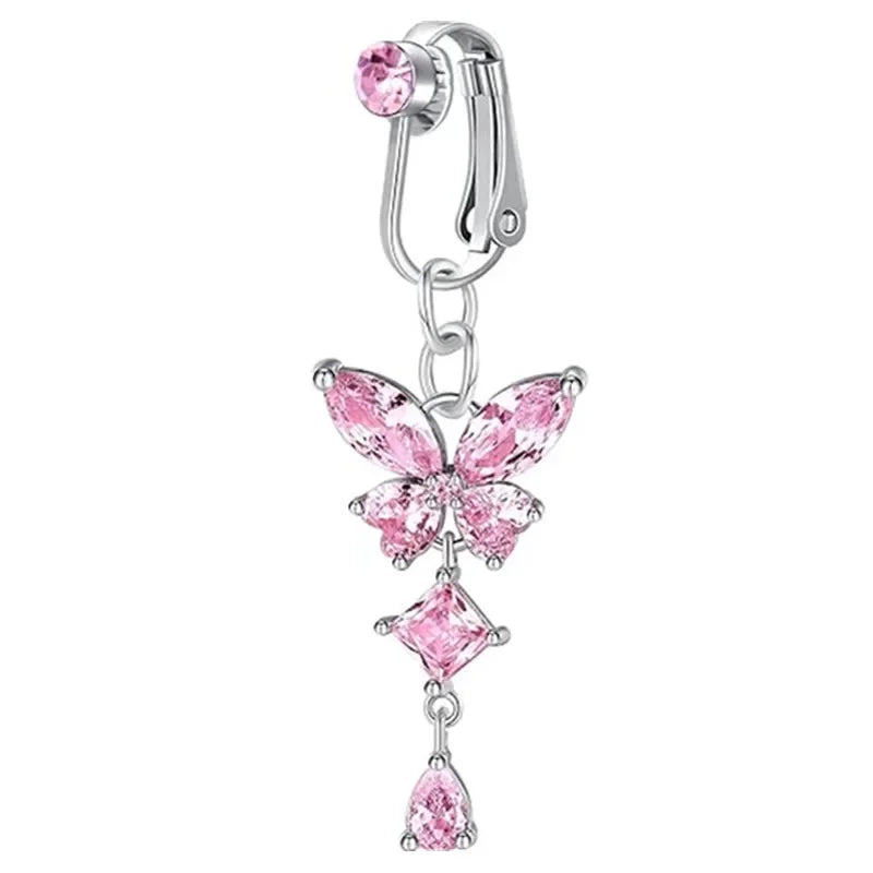 Clip On Belly Button Ring Butterfly Copper Zircon Pink Fake Belly Piercing Umbilical N close-up view