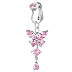 Clip On Belly Button Ring Butterfly Copper Zircon Pink Fake Belly Piercing Umbilical N close-up view