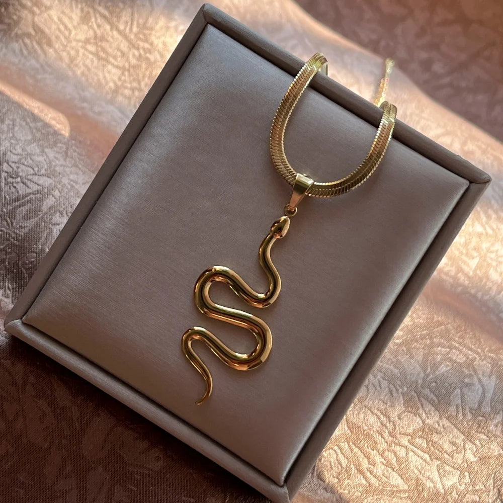 Flat Snake Chain Snake Pendant Necklace | Stainless Steel Choker Jewelry for Women lifestyle view
