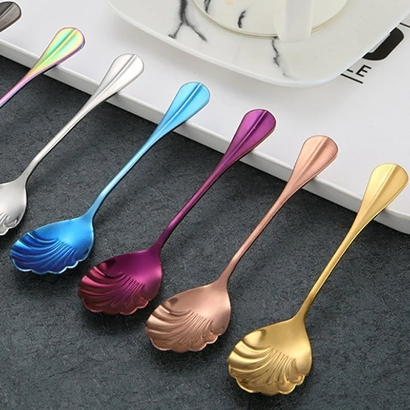 Shell Shape Stainless Steel Spoon with Long Handle | Dessert Spoon and Ice Cream Scoop close-up view