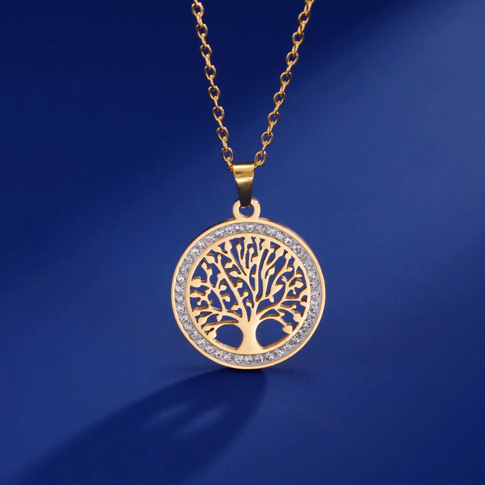Skyrim Tree of Life Necklace for Women Stainless Steel Gold Color Clear Zircon Round Pen detail view