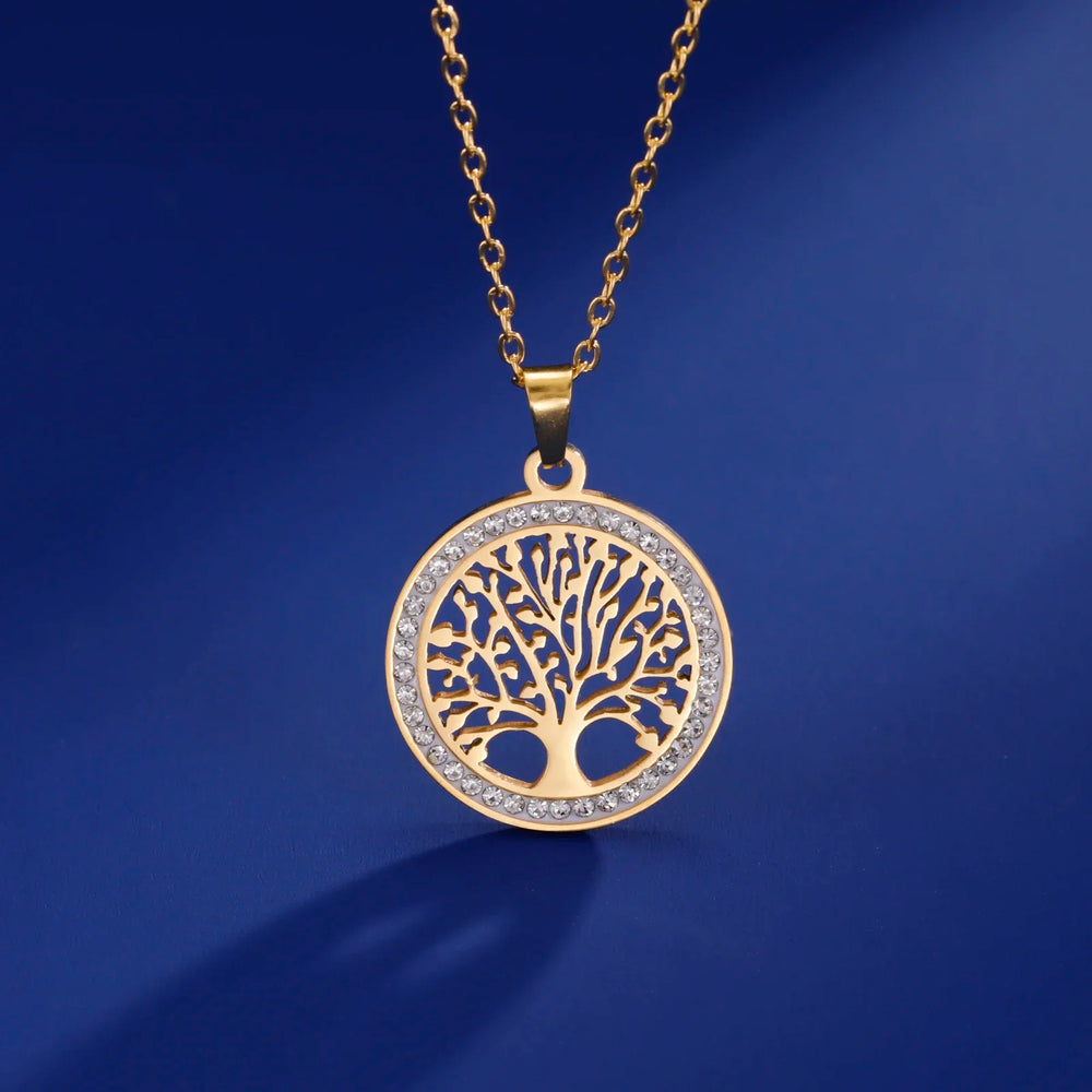 Skyrim Tree of Life Necklace for Women Stainless Steel Gold Color Clear Zircon Round Pen detail view