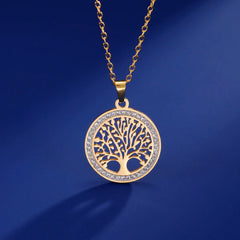 Skyrim Tree of Life Necklace for Women Stainless Steel Gold Color Clear Zircon Round Pen detail view