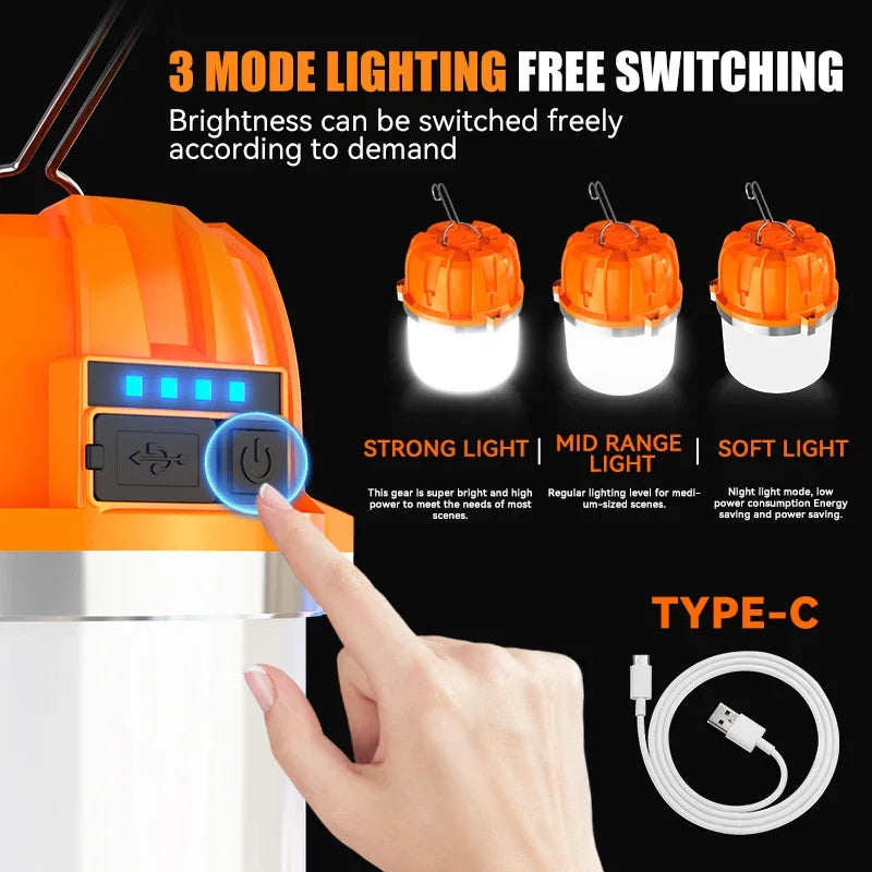 500W LED Camping Lantern USB Rechargeable Portable Lamp Bulb Flashlight with Power Display Emergency Light for Outdoors Fishing