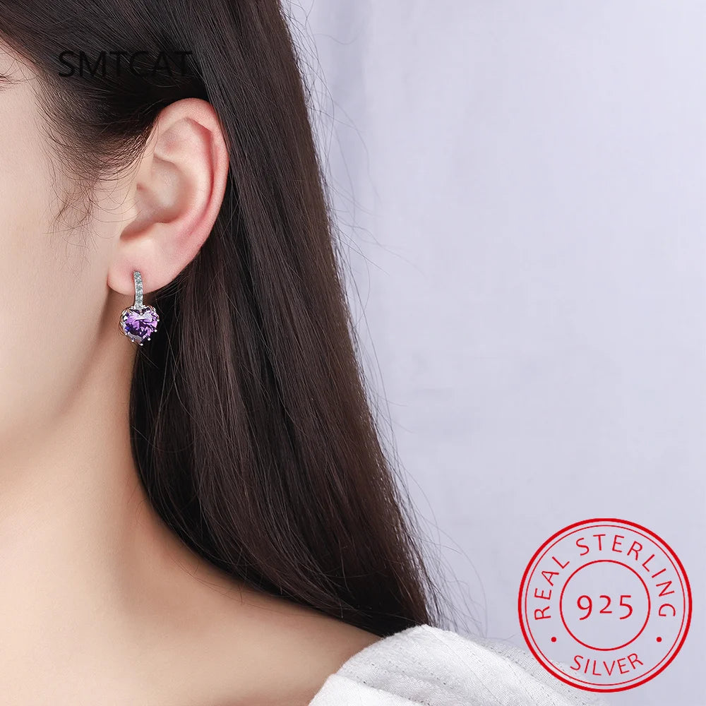 Heart Genuine Natural Garnet Red Ruby 925 Sterling Silver Stud Earrings for Women Fashio detail view