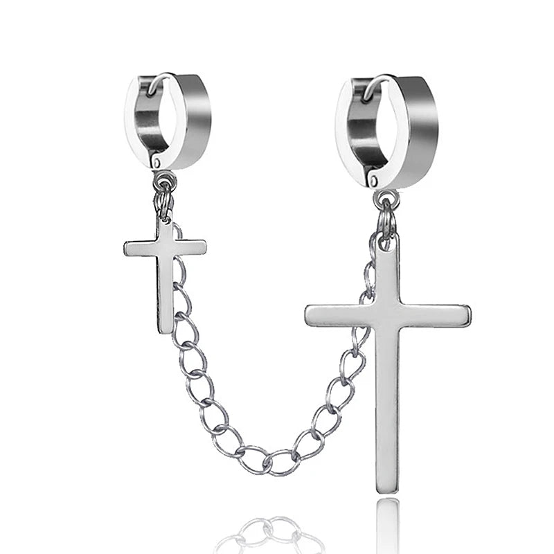 Fashion Punk Cross Pendant Clip Earring | Unisex Metal Chain Tassel Ear Cuff