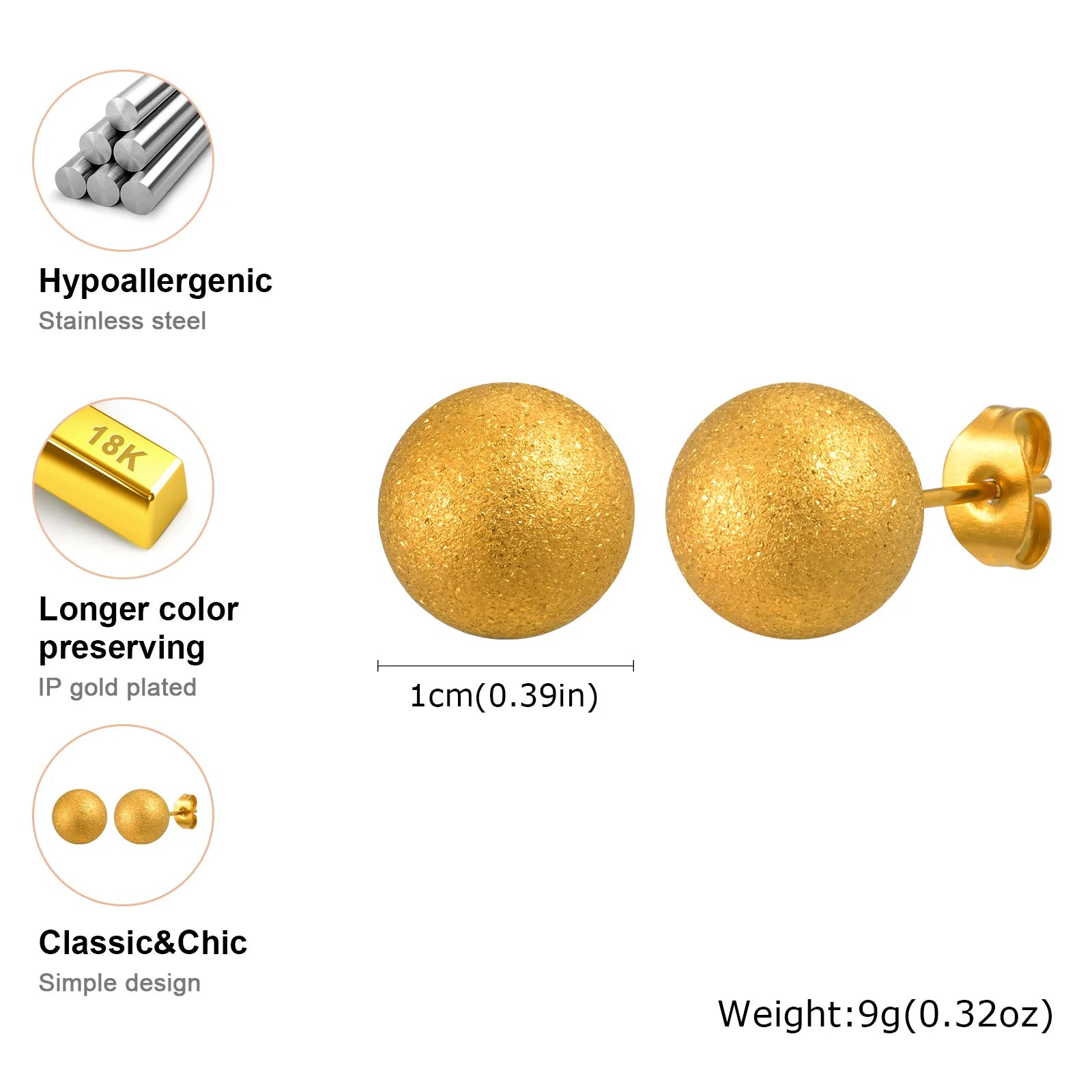 Gold Plated Stainless Steel Stud Earrings Set | 10mm 8mm 6mm Round Ball Earrings for W close-up view