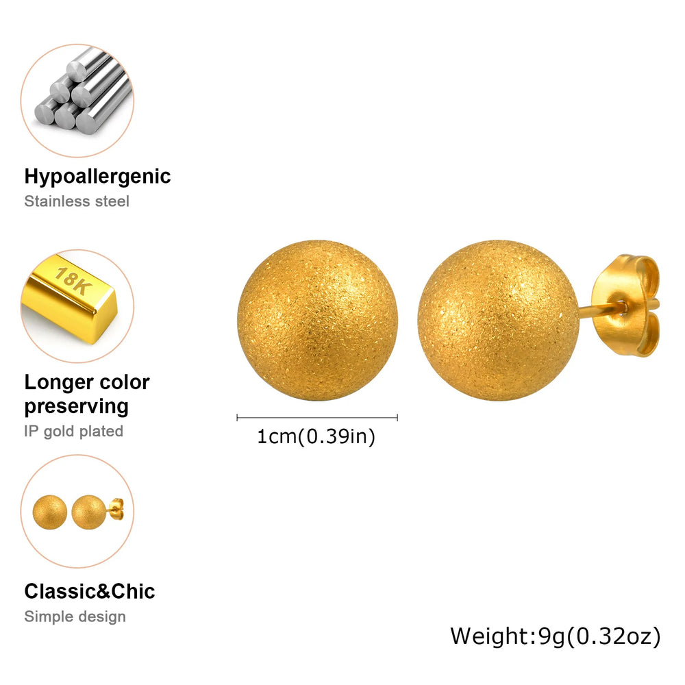 Gold Plated Stainless Steel Stud Earrings Set | 10mm 8mm 6mm Round Ball Earrings for W close-up view