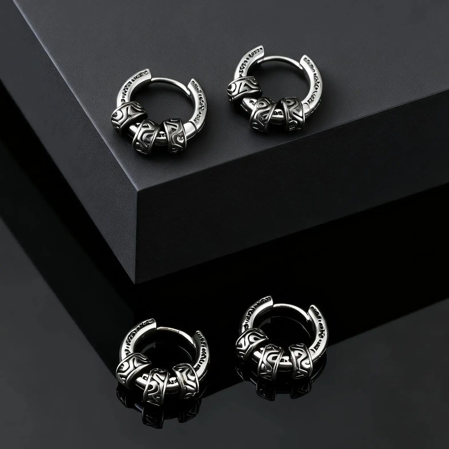 Vintage Totem Vine Pattern Hoop Earrings for Men, Hypoallergenic Metal Huggies Earring close-up view