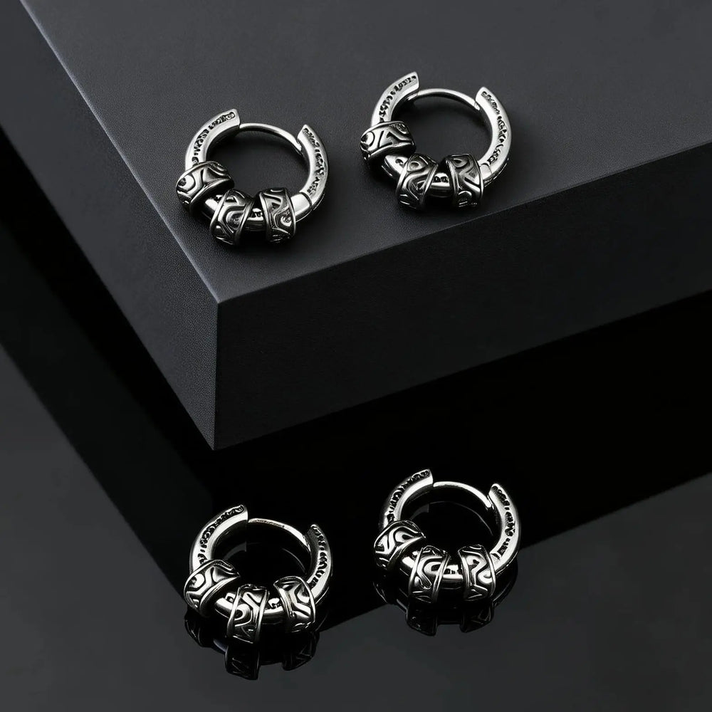 Vintage Totem Vine Pattern Hoop Earrings for Men, Hypoallergenic Metal Huggies Earring close-up view