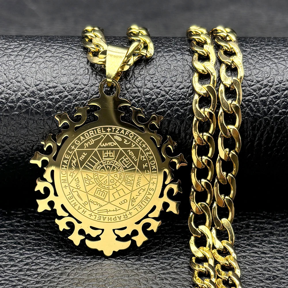 Seven Archangels Amulet Necklace | Stainless Steel Seal of Salomon Protection Talisman detail view