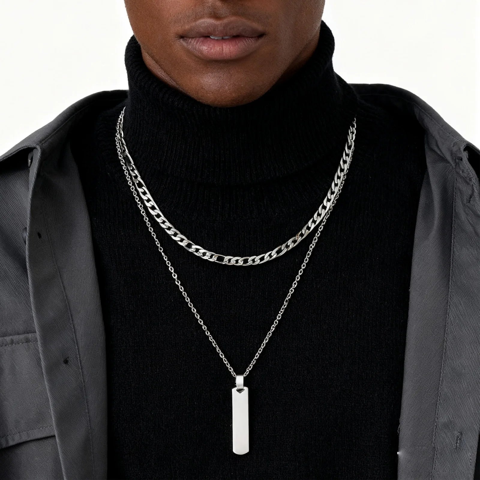 2pcs Vertical Layer Necklaces for Men Boys,Wateproof Stainless Steel Cuban Chain Co additional angle