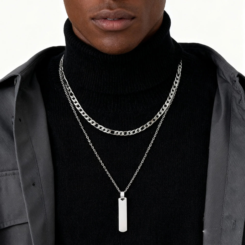 2pcs Vertical Layer Necklaces for Men Boys,Wateproof Stainless Steel Cuban Chain Co additional angle
