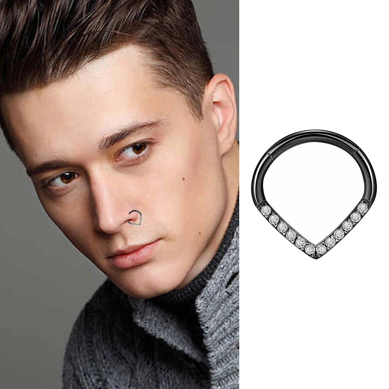 1PC G23 Titanium Hoop CZ Heart Septum Helix Piercing Nose Rings Tragus Cartilage Hinged detail view