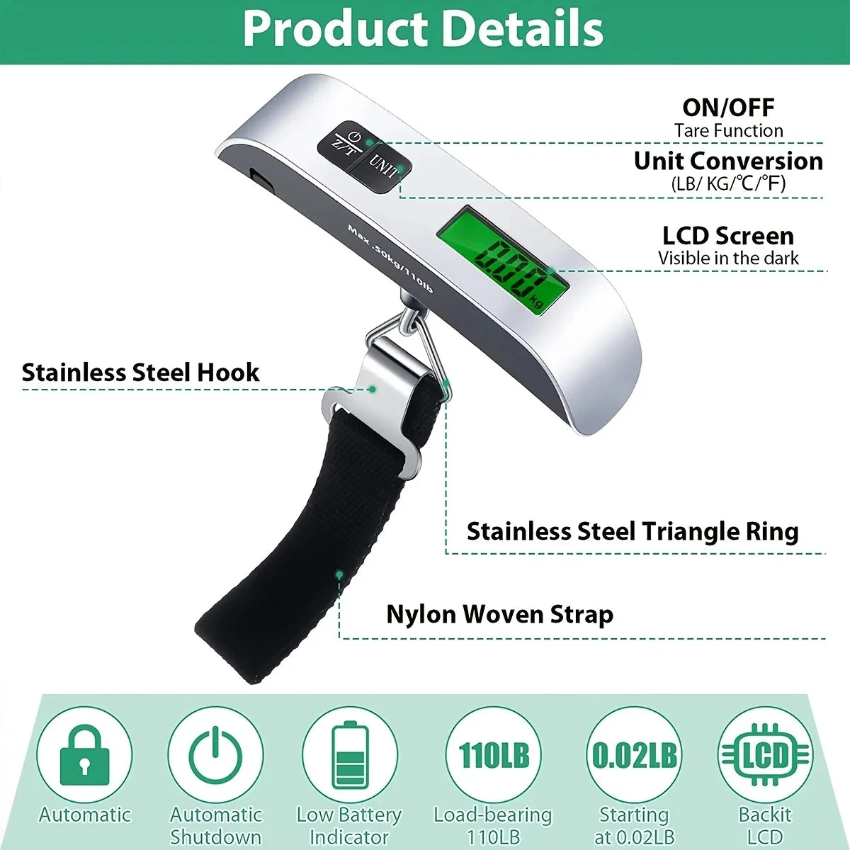 Portable Hanging Luggage Scale | Digital Travel Scale 110lb/50kg close-up view