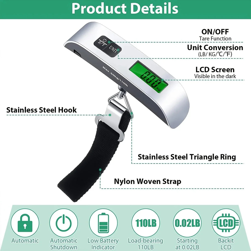 Portable Hanging Luggage Scale | Digital Travel Scale 110lb/50kg close-up view