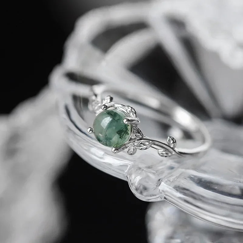 New S925 Sterling Silver Green Moss Agate Stone Ring for Women Engagement Jewelry Gift close-up view