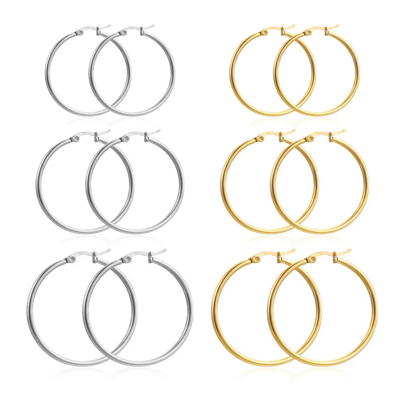 Gold Color Stainless Steel Hoop Earrings For Women Men Big/Small Circle Round Ear Jewelr detail view