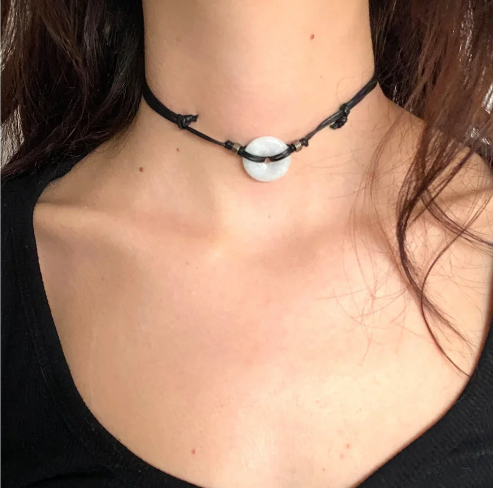 Amethyst Choker, Black Adjustable Necklace on Cotton Cord, Gemstone Gift for A Gothic lifestyle view