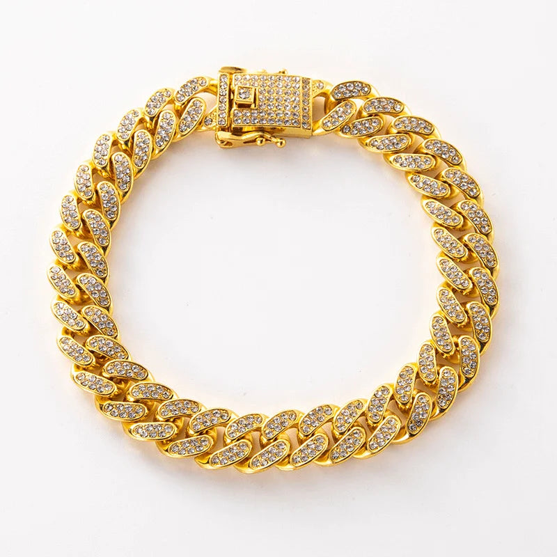 Luxury Hip Hop Dog Collar, Gold Tone Stainless Steel Cuban Chain, Durable Diamond Inl alternate view
