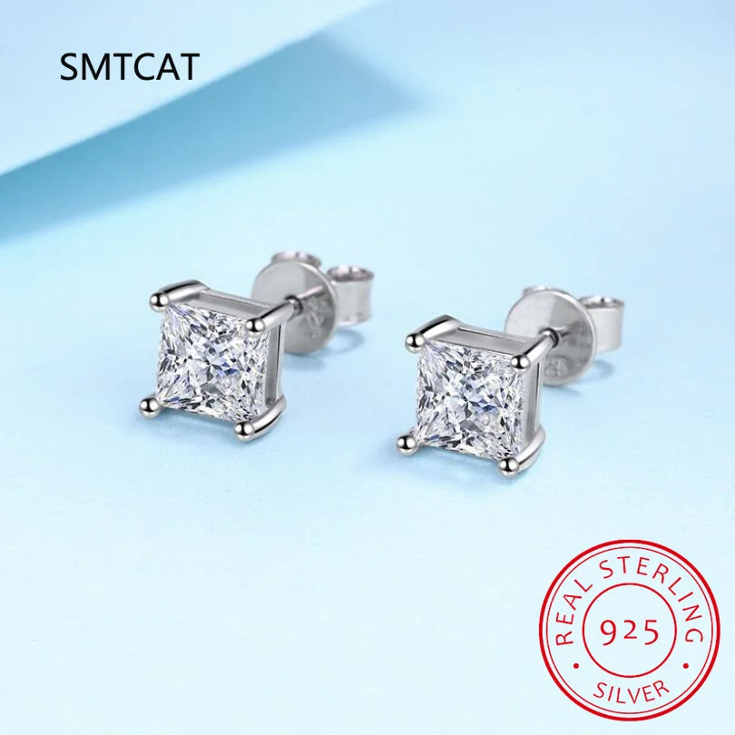 Princess Cut 0.4-5CT Moissanite Stud Earrings for Women Men VVS Simulated Diamond Ear close-up view