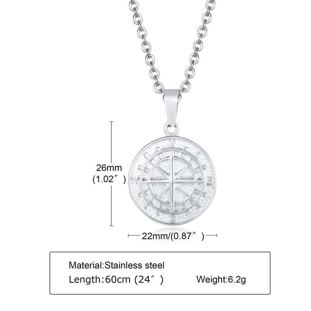 Vintage Compass Pendant Necklace | Stainless Steel Coin Necklace for Men additional angle