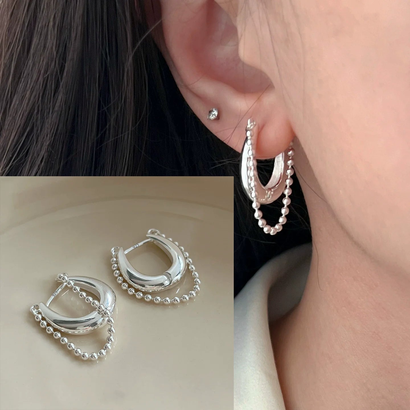 PANJBJ925 Sterling Silver Frosting Hoop Earrings For Women Texture Geometry Design Trend detail view
