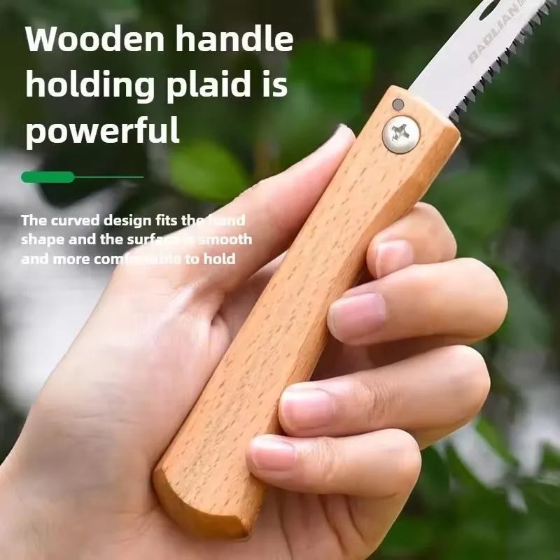 Folding Mini Hand Saw | Non-slip Wooden Handle Pull Type Saw for Flush Cut Woodworking close-up view