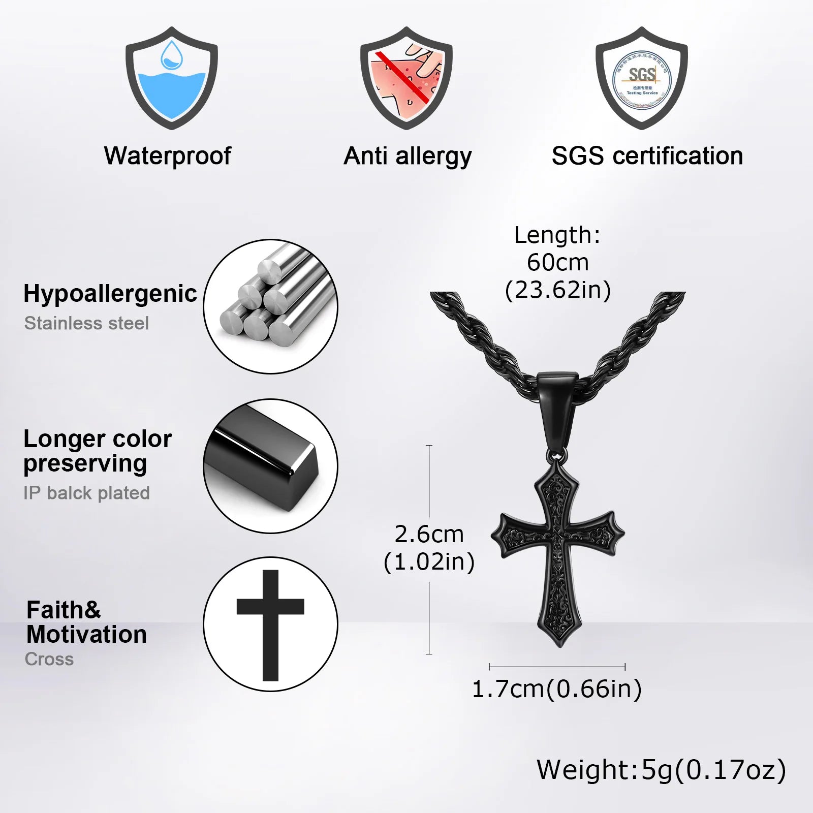 Personality Stainless Steel Cross Pendant Necklace for Men Boys, Retro Religious Faith Prayer Jewelry Gift
