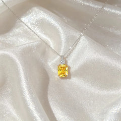 925 Silver Radiant Cut Yellow Crystal Pendant Necklace Women Sparkling Cubic Zircon Citrine Choker C