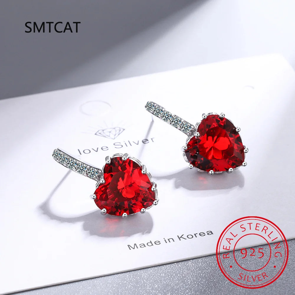 Heart Genuine Natural Garnet Red Ruby 925 Sterling Silver Stud Earrings for Women Fashion Statement