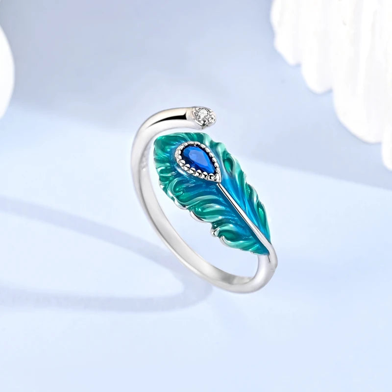 Original 925 Sterling Silver Malachite Green Open Ring Peacock Feather Adjustable Ring F detail view