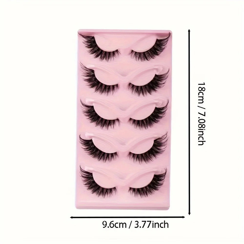 5 Pairs False Eyelashes - Natural Long, Cat Eye Style, Winged Tips, Manga Lashes for E close-up view