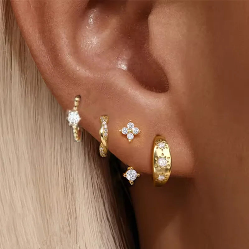 4PCS Fashion Stainless Steel Zirconia Star Huggie Hoop Earrings Set for Women Curious Pe detail view