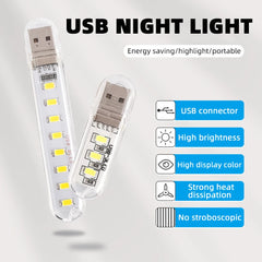 5pcs Portable USB Strip Light Mini Led Warm White Night Lights USB Plug Book Lamp Room Emergency Lighting for Power Bank PC