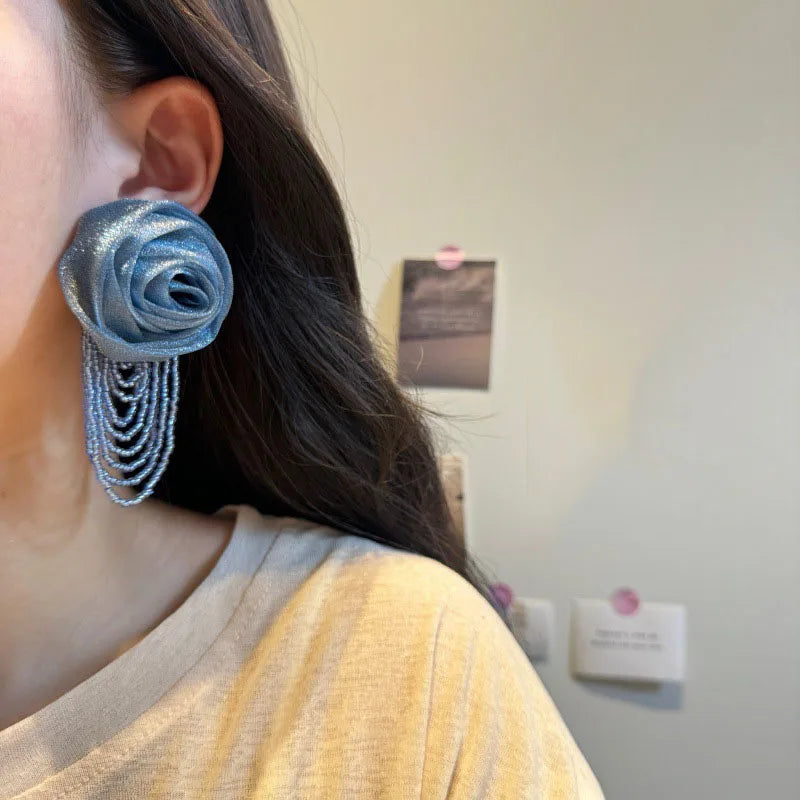 Fairy Mesh Rose Drop Earrings | Handmade Boho Tassel Jewelry detail view