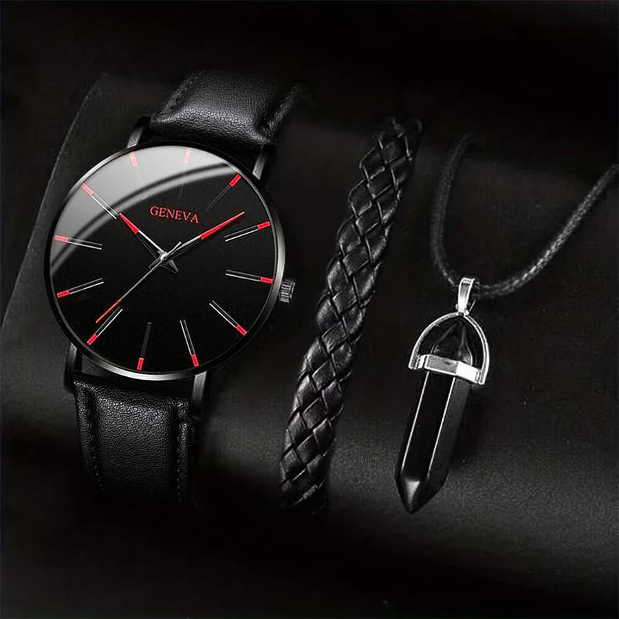 3PCS/Set Men Business Watches Casual Leather Band Analog Male's Quartz Watch Neckla additional angle