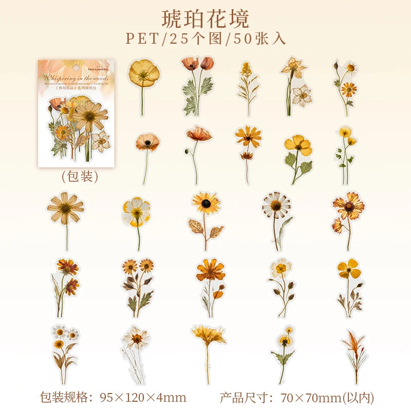 Journal GO 50pcs Dried Flower Collection PET Stickers Decorative Handmade Scrapbooking Material Diary Album Craft Card DIY Label
