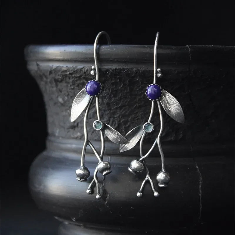 Silver color earrings Blueberry plant jewelry Elven style botanical earrings