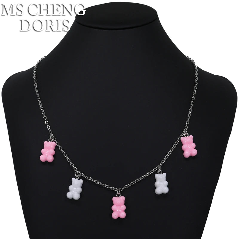 Handmade 33 Styles Colors Cute Resin Gummy Bear Chain Necklaces, Candy Color Pendant F close-up view