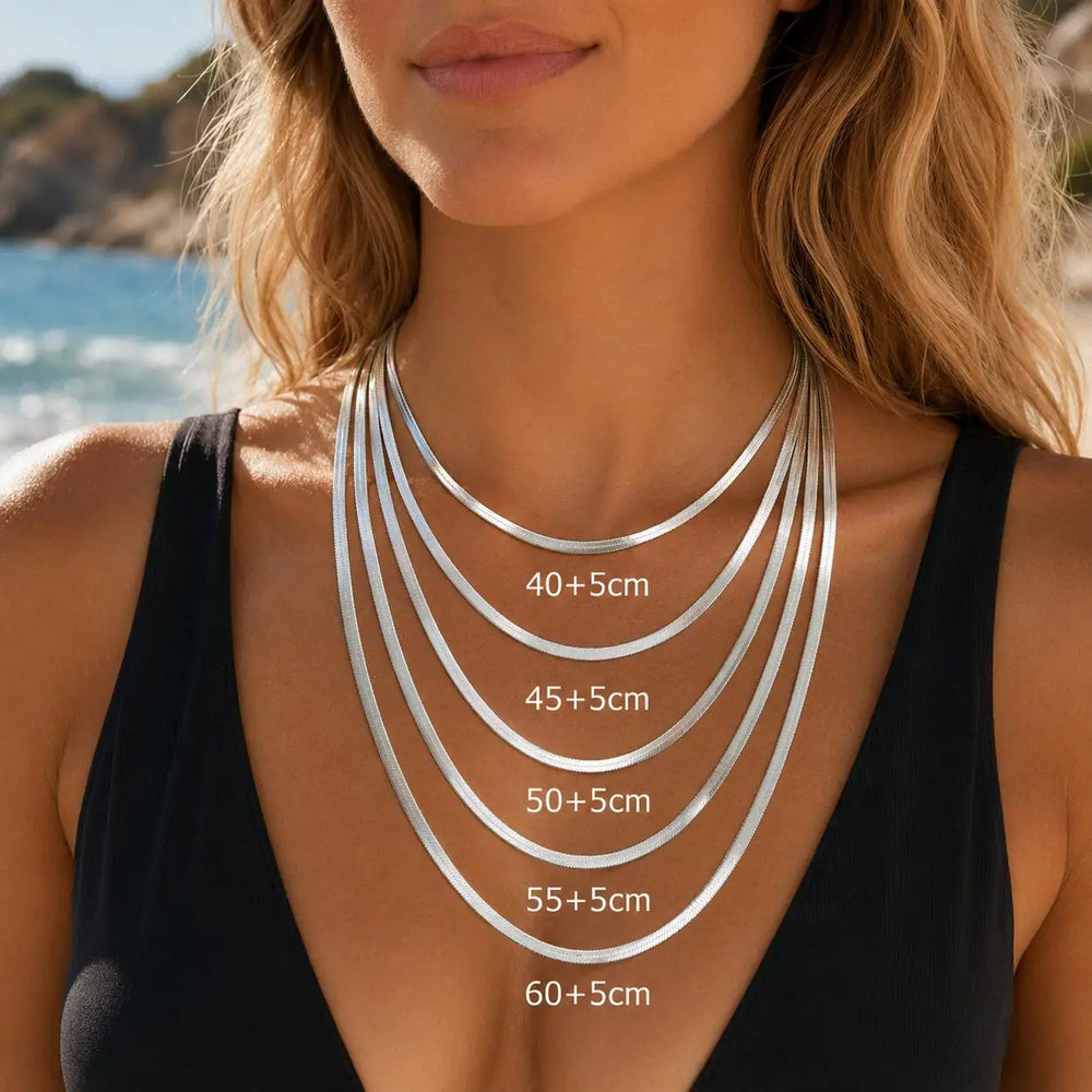 Stainless Steel Snake Chain Necklace for Women Men, Silver Color Herringbone Choker Flat Neck Chain