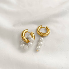 Trendy Asymmetry Pearl Drop Earrings | Stainless Steel Huggie Hoops for Women close-up view