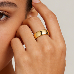 Gold Tone Stainless Steel Wedding Band Ring | Unisex Engagement Ring close-up view