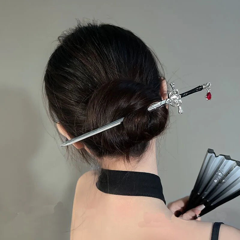 Chinese Style Sword Hairpin For Women Punk Ruby Hair Stick Ponytail Hair Pins Hairstyle Tools Daily Hair Accessories K-
